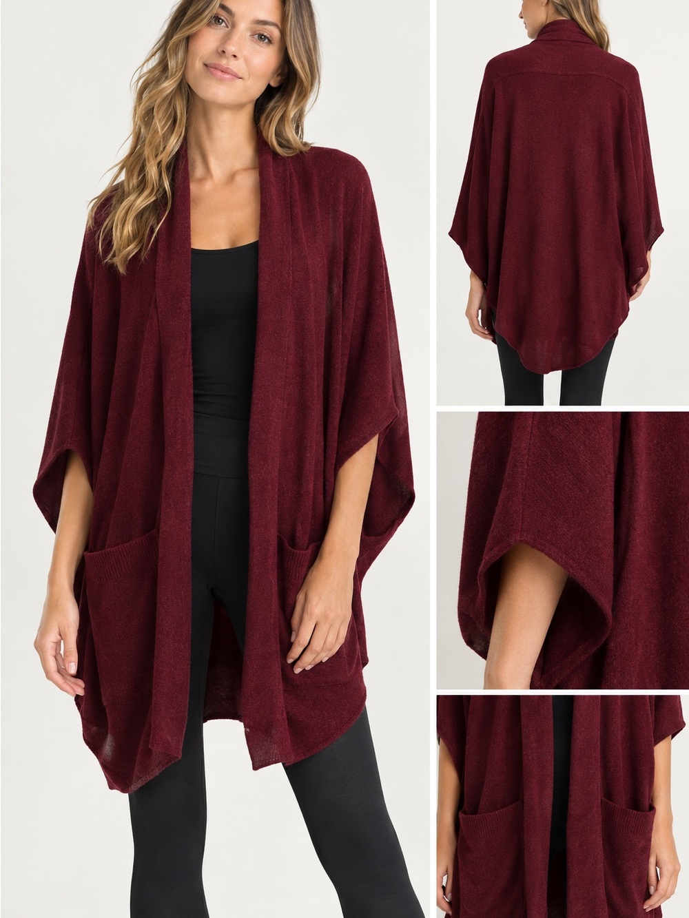 Vimmia Open-Front Draped Poncho Cardigan - Burgundy